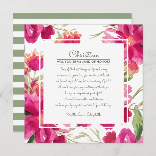 Will you be my Maid of Honour? Fuchsia Green Flora Invitation (Front/Back)