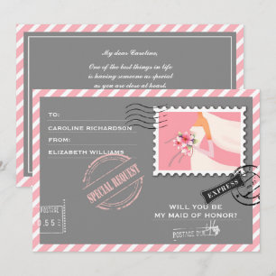Will you be my Maid of Honour? Grey Pink Air Mail Invitation