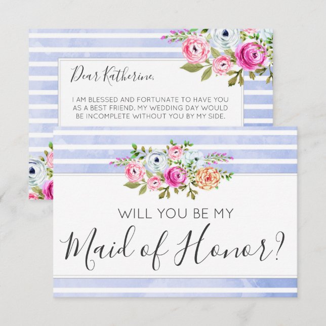 Will You Be My Maid of Honour Modern Floral Stripe Invitation (Front/Back)
