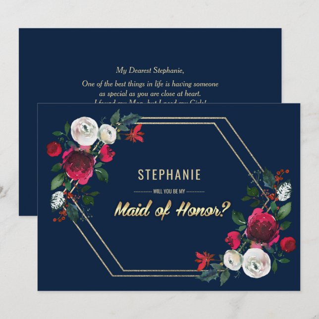 Will you be my Maid of Honour? Navy Blue Burgundy Invitation (Front/Back)