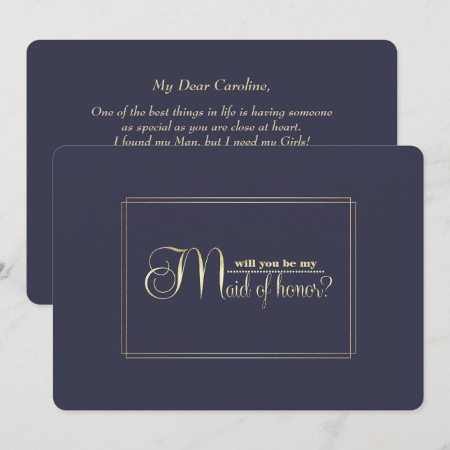 Will you be my Maid of Honour? Navy Blue Gold Invitation (Front/Back)