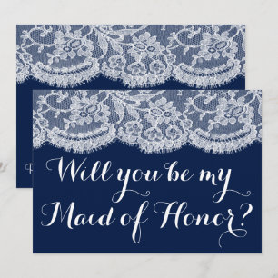 Will You Be My Maid of Honour? Navy Blue & Lace Invitation