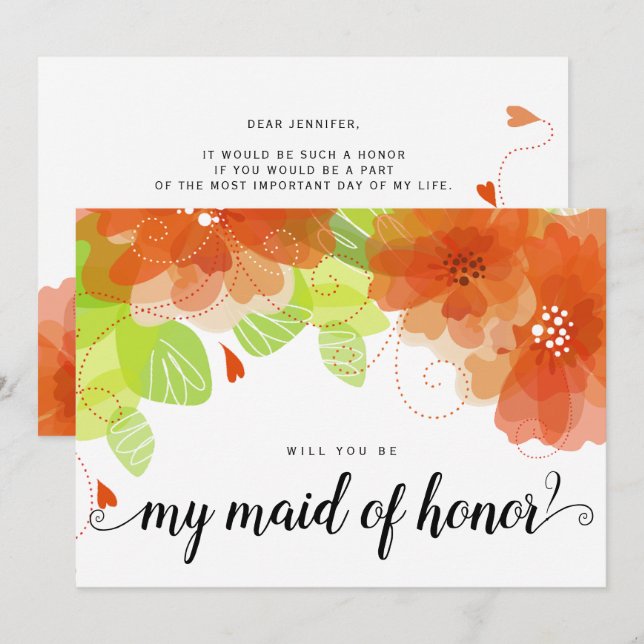 "Will you be my maid of honour" orange flowers car Invitation (Front/Back)