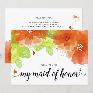 "Will you be my maid of honour" orange flowers car Invitation
