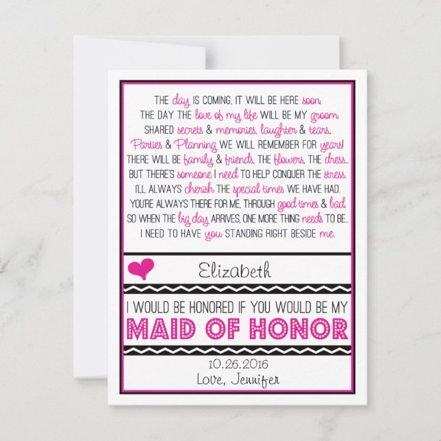 Will you be my Maid of Honour? Pink/Black Poem V2 Invitation (Front)