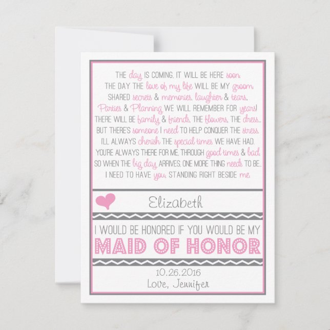 Will you be my Maid of Honour? Pink/Grey Poem V2 Invitation (Front)