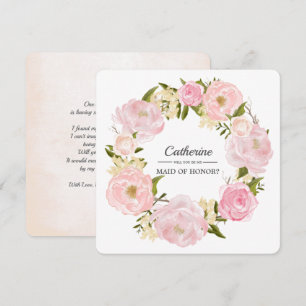 Will you be my Maid Of Honour? Pink Peony Wreath Invitation