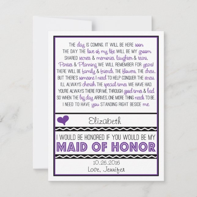 Will you be my Maid of Honour? Purple/Black Poem V Invitation (Front)