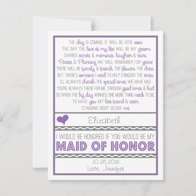 Will you be my Maid of Honour Purple/Grey Poem Car Invitation (Front)