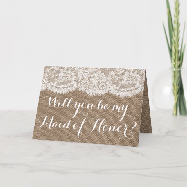 Will You Be My Maid of Honour? Rustic Burlap & Lac Invitation (Front)