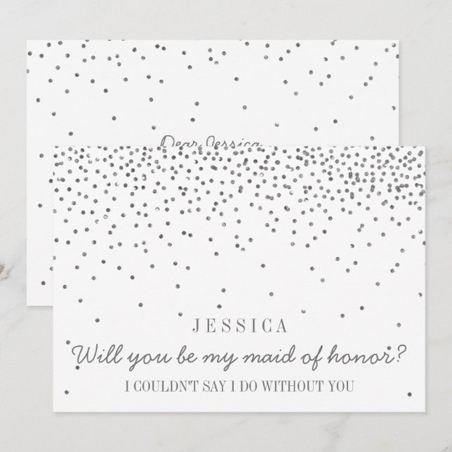 Will You Be My Maid Of Honour? Silver Confetti Invitation (Front/Back)