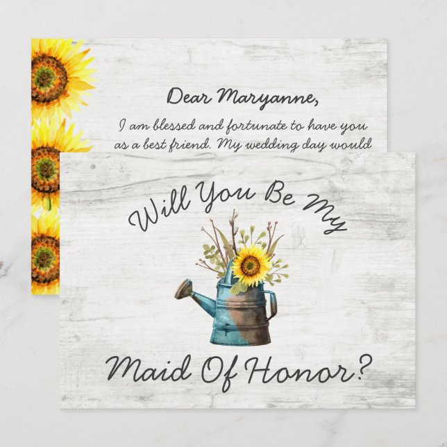 Will You Be My Maid Of Honour Sunflower Rustic Woo Invitation (Front/Back)
