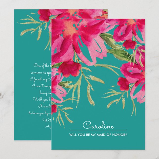 Will you be my Maid of Honour? Turquoise Fuchsia  Invitation (Front/Back)