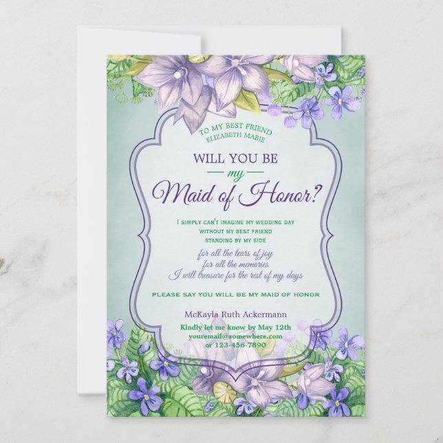 Will You Be My Maid of Honour Wedding Lilac Violet Invitation (Front)