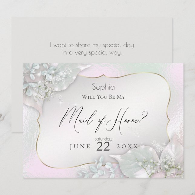 Will You Be My Maid of Honour Wispy Pink Shimmer Invitation (Front/Back)