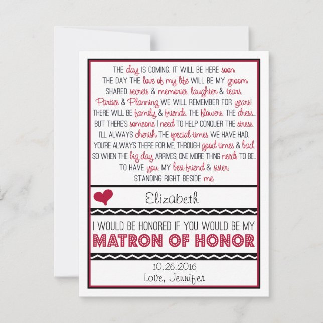 Will you be my Matron of Honour? Red/Black Poem Invitation (Front)
