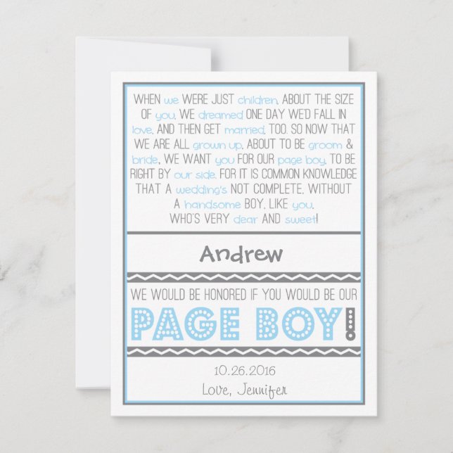 Will you be my Page Boy? Baby Blue/Grey Poem Card (Front)