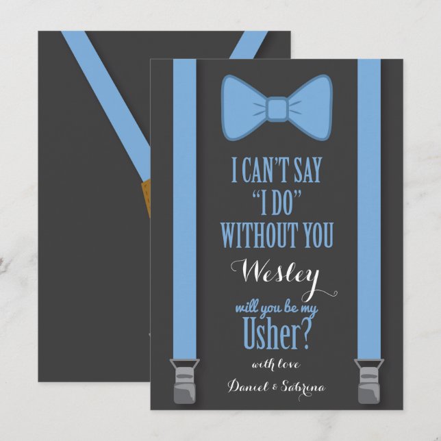 Will You Be My Usher - Blue Tie Braces Invitation (Front/Back)