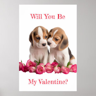 Will You Be My Valentine Beagles Kissing Poster