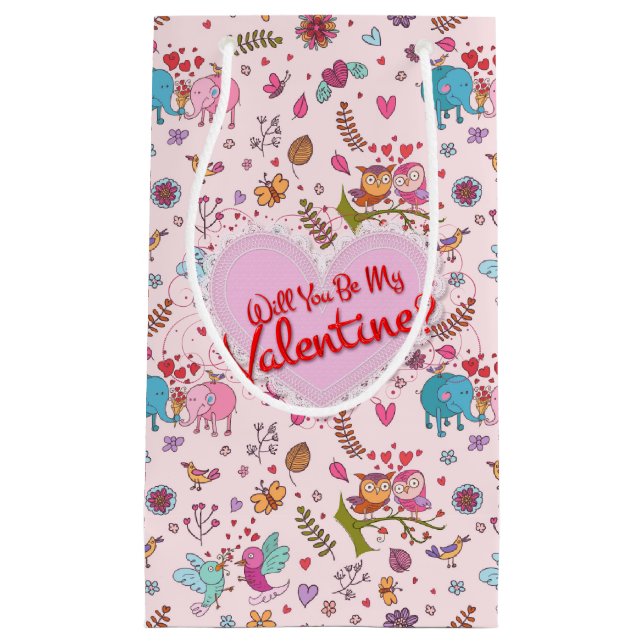 Will you be my Valentine? Cute Animals in Love Small Gift Bag (Front)
