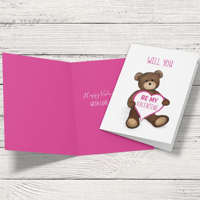 Will You Be My Valentine Cute Personalized  Holiday Card (Cute whimsical Valentine's Day greeting card with a whimsy Teddy Bear.)