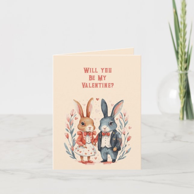 Will You Be My Valentine Rabbit Couple Note Card (Front)