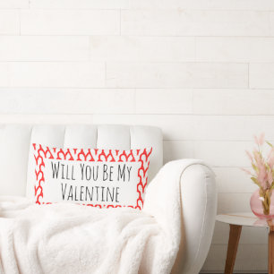 Will You Be My Valentine Red Hearts Typography Lumbar Pillow