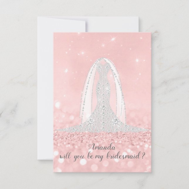 Will You Bridesmaid Glitter Grey Dress Pink Veil Invitation (Front)