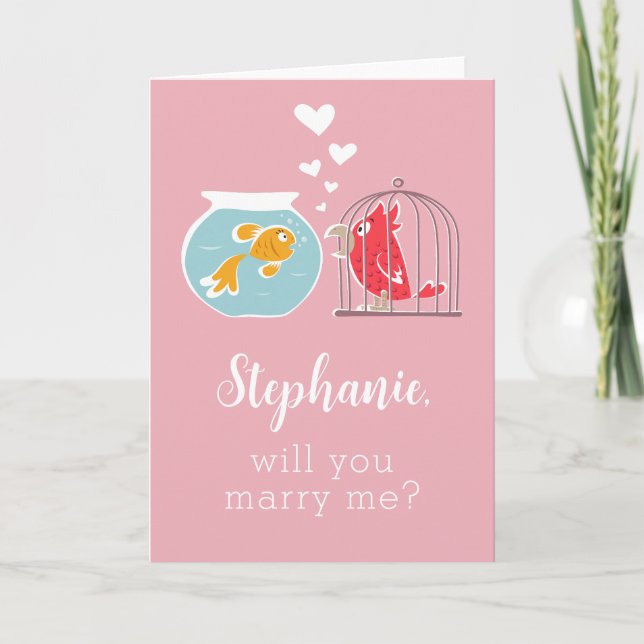 Will You Marry Me Cute Parrot Golden Fish Proposal Card (Front)