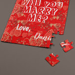 Will you marry me personalized marriage proposal jigsaw puzzle<br><div class="desc">Popping the question: "Will you. marry me?" Follow your heart and make a surprise keepsake cute proposal gift to your girlfriend to savour the memories of your beginnings all your life! Fully customizable message text on vibrant red with hearts Valentines pattern and your names. You can replace the text with...</div>