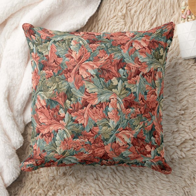William Morris Acanthus Botanical Red Green Throw Pillow (Blanket)