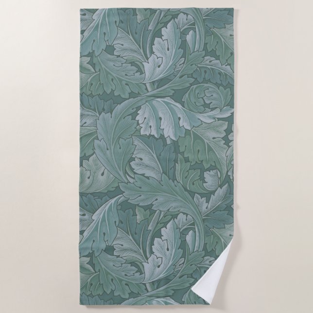 William Morris Acanthus Leaf Teal Blue Pattern Beach Towel (Front)
