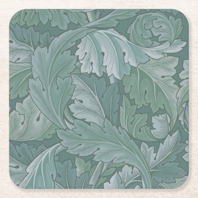 William Morris Acanthus Leaf Teal Blue Pattern Square Paper Coaster (Front)