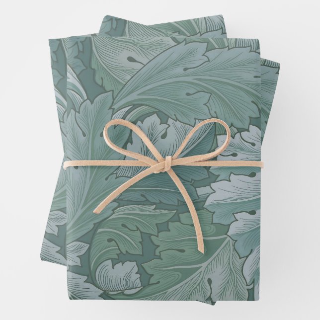 William Morris Acanthus Leaf Teal Blue Pattern Wrapping Paper Sheet (In situ)