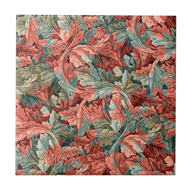 William Morris Acanthus Rust Red Sage Green Tile (Front)