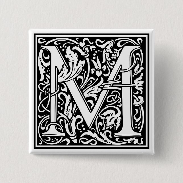 William Morris Alphabet “M” 2 Inch Square Button (Front)