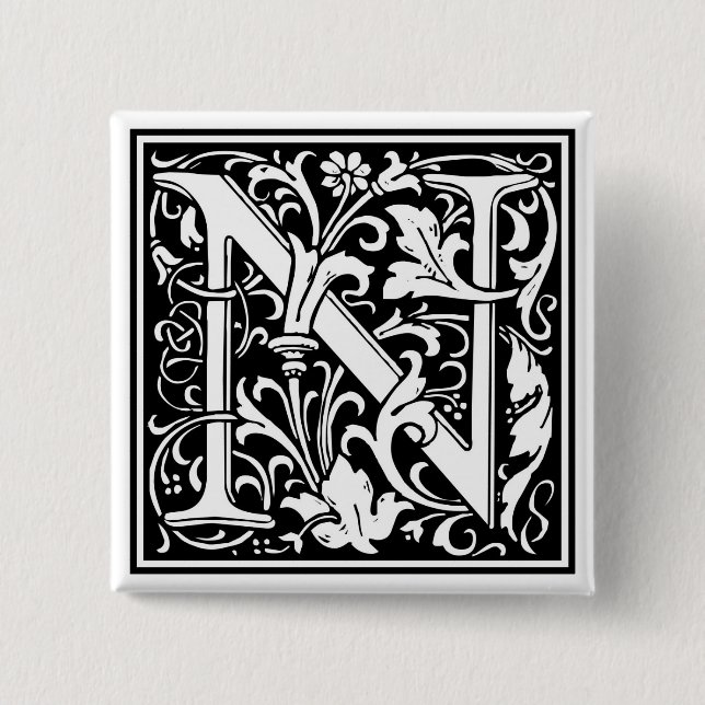 William Morris Alphabet “N” 2 Inch Square Button (Front)