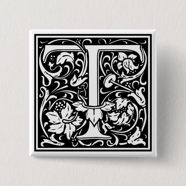 William Morris Alphabet “T” 2 Inch Square Button (Front)