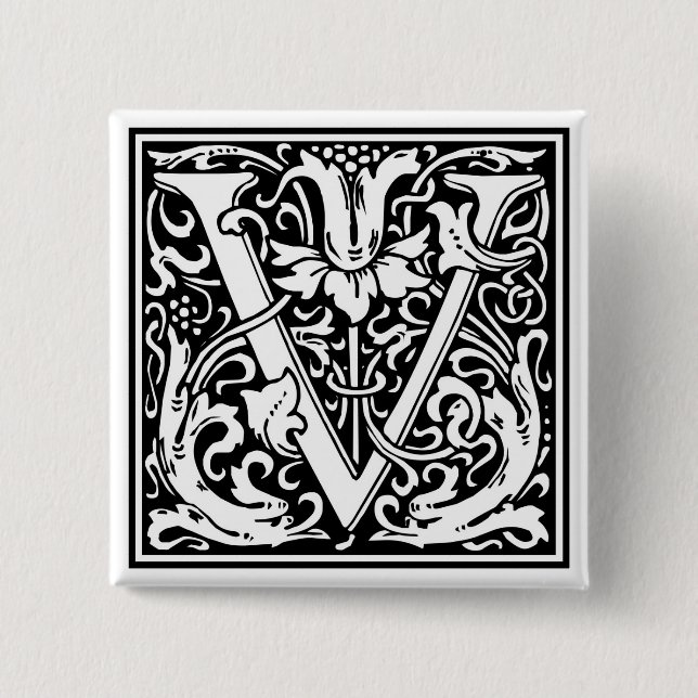 William Morris Alphabet “V” 2 Inch Square Button (Front)