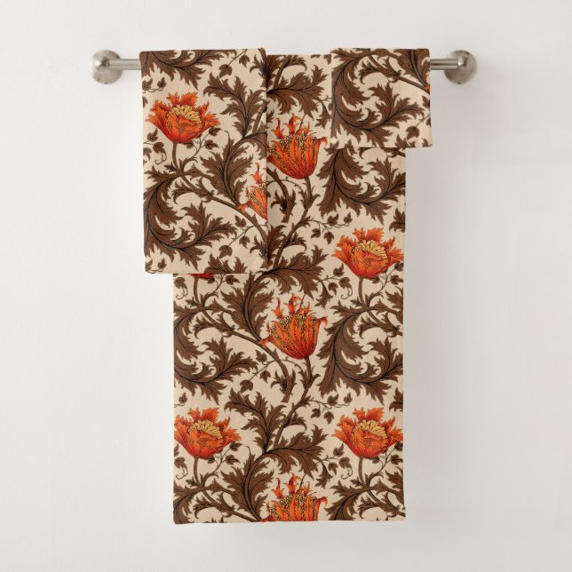 William Morris Anemone, Beige, Brown and Rust Bath Towel Set (Insitu)