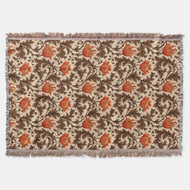 William Morris Anemone, Beige, Brown and Rust Throw Blanket (Front)