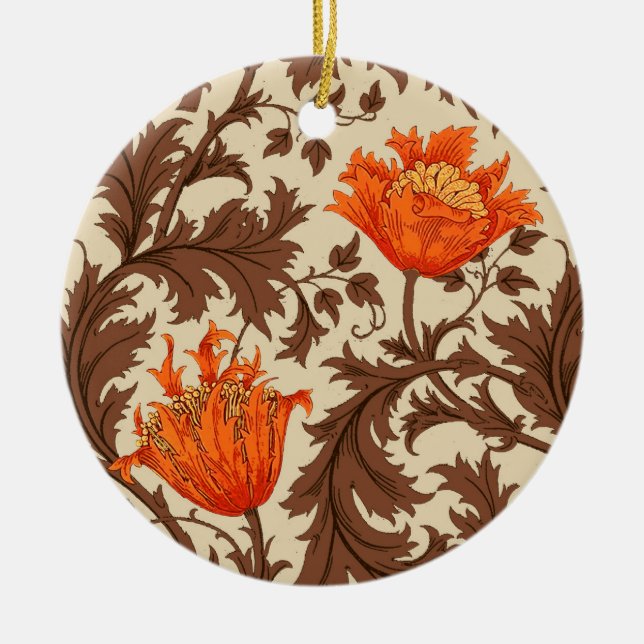 William Morris Anemone, Beige, Brown & Rust Orange Ceramic Ornament (Front)