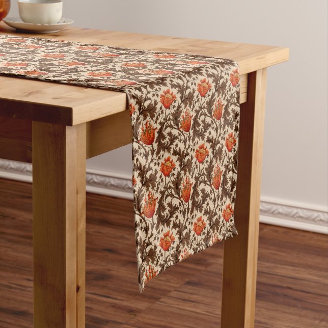 William Morris Anemone, Beige, Brown & Rust Orange Short Table Runner (In Situ)