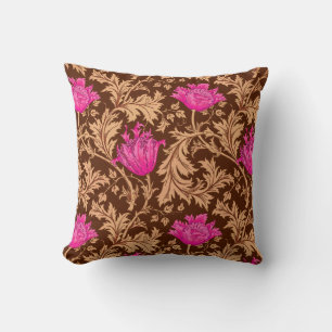 William Morris Anemone, Brown and Fuchsia Pink Throw Pillow