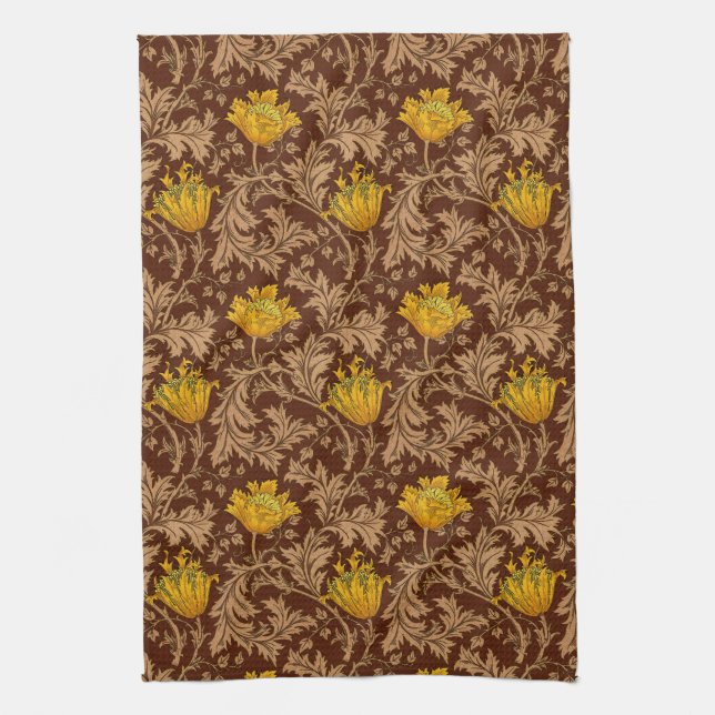 William Morris Anemone, Brown and Mustard Gold  Kitchen Towel (Vertical)