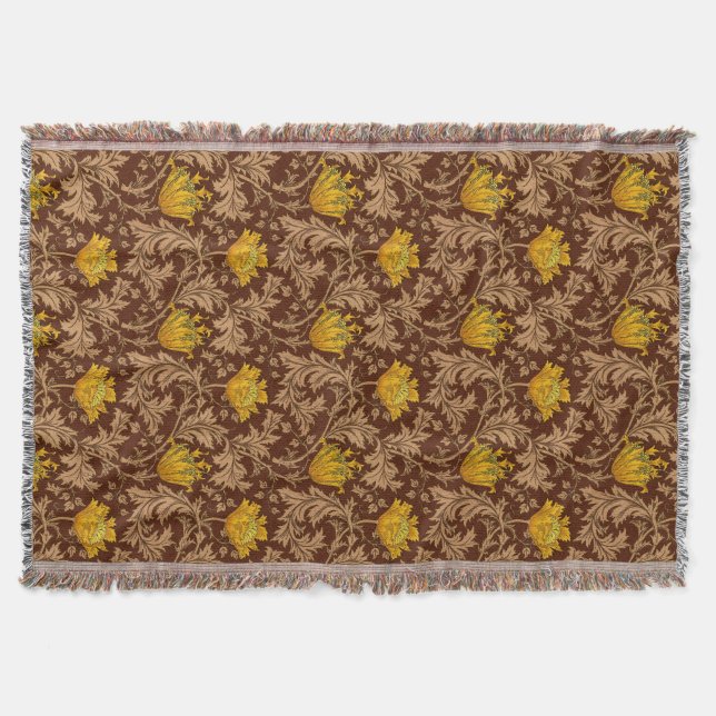 William Morris Anemone, Brown and Mustard Gold Throw Blanket (Front)