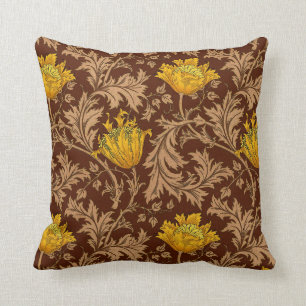 William Morris Anemone, Brown and Mustard Gold Throw Pillow