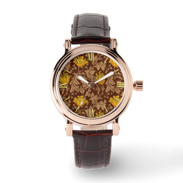 William Morris Anemone, Brown and Mustard Gold Watch (Front)