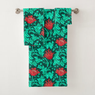 William Morris Anemone, Deep Red and Turquoise Bath Towel Set
