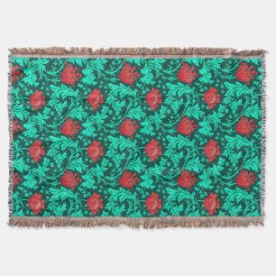 William Morris Anemone, Deep Red and Turquoise Throw Blanket